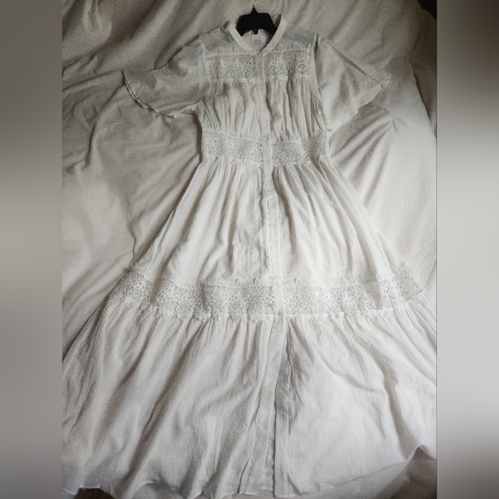 H&M Lace-inset Cotton Maxi Dress Tiered Woven Unlined/See Through White  NWT - Picture 8 of 15